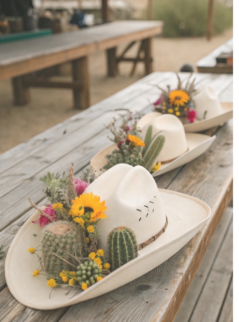 Cowboy hat centerpieces with wildflowers and cacti on a rustic farm table